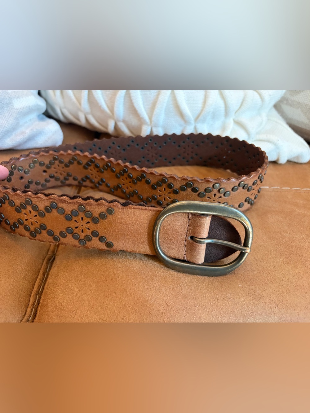 Free People Tan Studded Suede Belt with Oval Brass Buckle